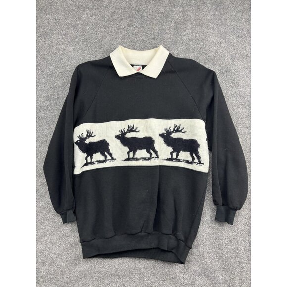 VNTG Jerzees Sweatshirt Womens XL Black White Collared Deer Made USA Raglan 90s - Picture 1 of 7